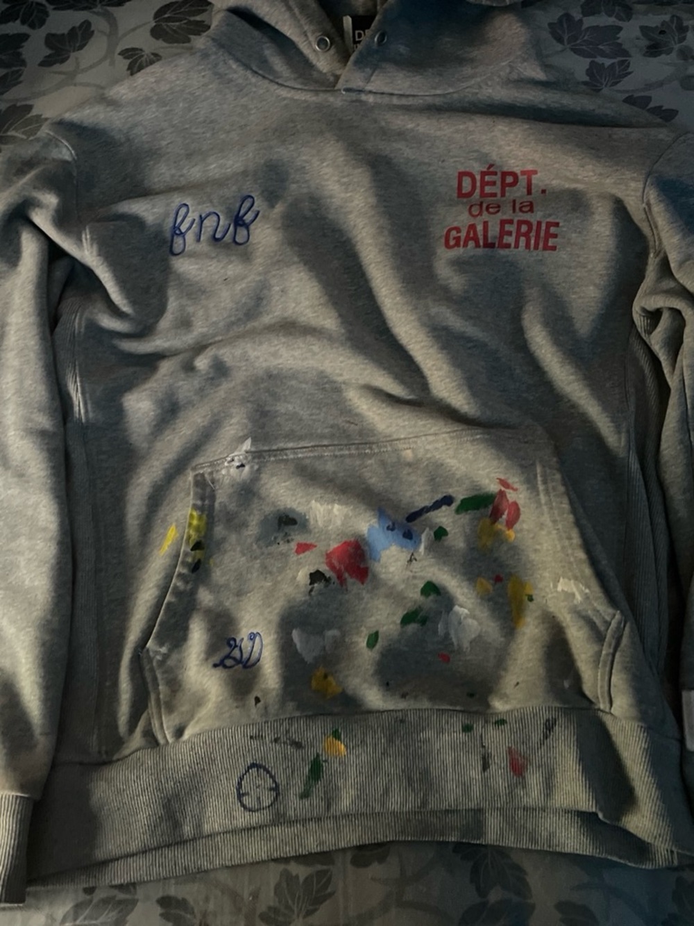 Gallery Dept Gray Paint-Splatter Hoodie with Red Logo
